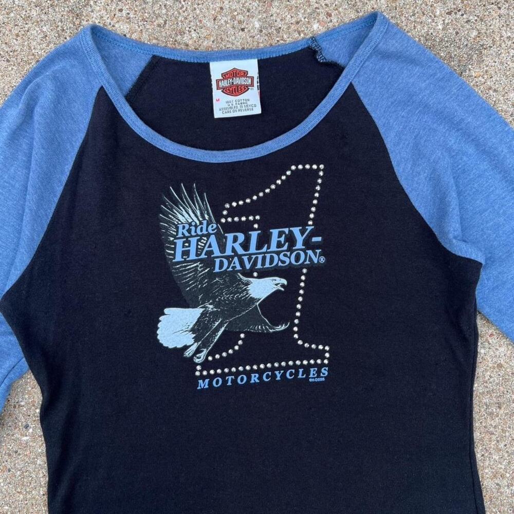 Y2K Harley Davidson Eagle Black & Blue Long Sleeve Top | Size Medium - Picture 3 of 7